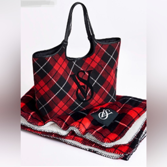 Victoria's Secret Accessories - VICTORIA'S SECRET Plaid Tote + Cozy Blanket